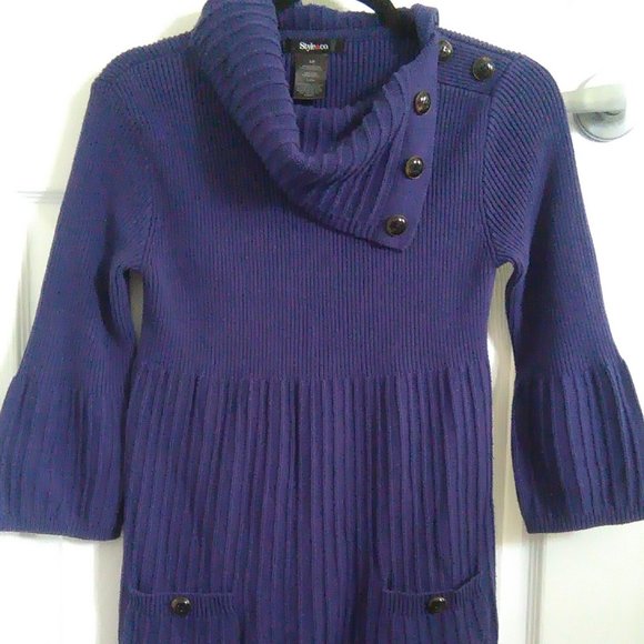 Violet Cowl Neck Bell Sleeve Sweater / Sweaterdres w Pocket and Gorgeous Buttons - Picture 5 of 5